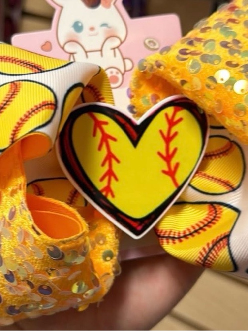 Yellow Softball Heart Hair Bow for Kids